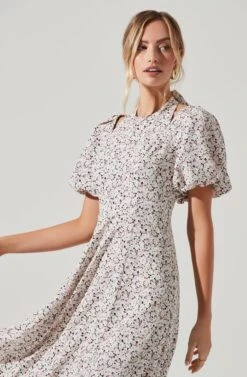 Puff Sleeve Shoulder Cutout Floral Midi Dress -Dresses Sales Store ADR101217 TAUPEMULTIDITSY 0745