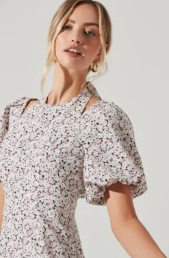 Puff Sleeve Shoulder Cutout Floral Midi Dress -Dresses Sales Store ADR101217 TAUPEMULTIDITSY 0747