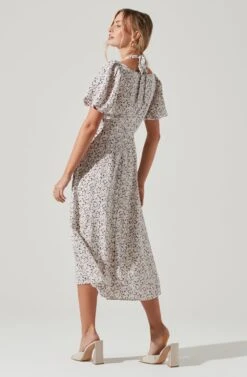 Puff Sleeve Shoulder Cutout Floral Midi Dress -Dresses Sales Store ADR101217 TAUPEMULTIDITSY 0754