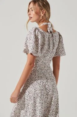 Puff Sleeve Shoulder Cutout Floral Midi Dress -Dresses Sales Store ADR101217 TAUPEMULTIDITSY 0757