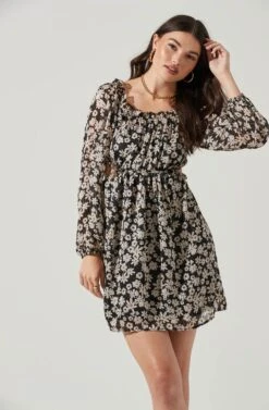 Ruffle Square Neck Side Cutout Mini Dress -Dresses Sales Store ADR101277 BLACK NUDEFLORAL 1