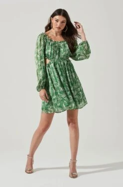 Ruffle Square Neck Side Cutout Mini Dress -Dresses Sales Store ADR101277 GREENFLORAL 1
