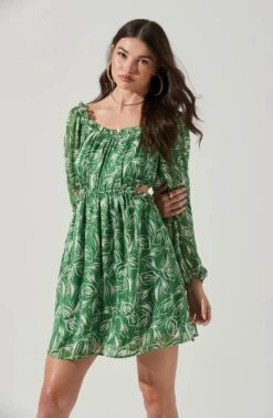 Ruffle Square Neck Side Cutout Mini Dress -Dresses Sales Store ADR101277 GREENFLORAL 4