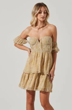 Off Shoulder Two Tier Floral Mini Dress -Dresses Sales Store ADR101294 YELLOWMULTIFLORAL 01441