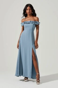 Venetia Off Shoulder Ruffle Trim Maxi Dress -Dresses Sales Store ADR101300 STEELBLUE 1