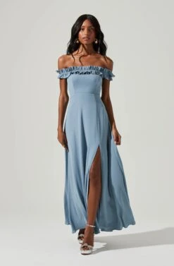 Venetia Off Shoulder Ruffle Trim Maxi Dress -Dresses Sales Store ADR101300 STEELBLUE 2