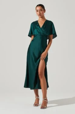 Alessia Satin Flutter Sleeve Midi Dress -Dresses Sales Store ADR101303 HUNTERGREEN 1