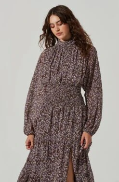 Floral Mock Neck Smocked Waist Maxi Dress -Dresses Sales Store ADR101415 BROWNPURPLEDITSY 4