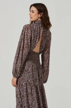 Floral Mock Neck Smocked Waist Maxi Dress -Dresses Sales Store ADR101415 BROWNPURPLEDITSY 5