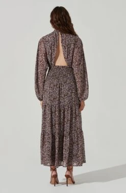 Floral Mock Neck Smocked Waist Maxi Dress -Dresses Sales Store ADR101415 BROWNPURPLEDITSY 6