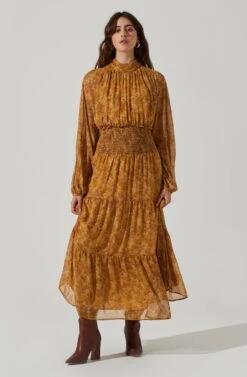 Floral Mock Neck Smocked Waist Maxi Dress -Dresses Sales Store ADR101415 MUSTARDBROWNFLORAL 1
