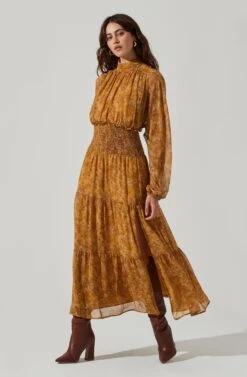Floral Mock Neck Smocked Waist Maxi Dress -Dresses Sales Store ADR101415 MUSTARDBROWNFLORAL 2