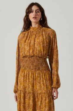 Floral Mock Neck Smocked Waist Maxi Dress -Dresses Sales Store ADR101415 MUSTARDBROWNFLORAL 3