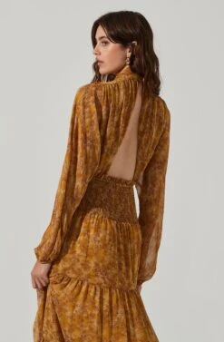 Floral Mock Neck Smocked Waist Maxi Dress -Dresses Sales Store ADR101415 MUSTARDBROWNFLORAL 4