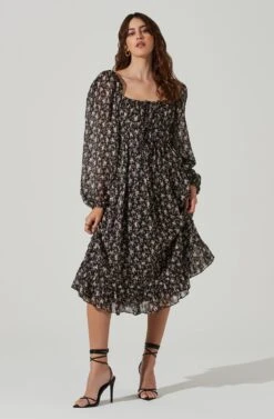 Floral Ruched Bust Long Sleeve Midi Dress -Dresses Sales Store ADR101435 BLACKTAUPEDITSY 2