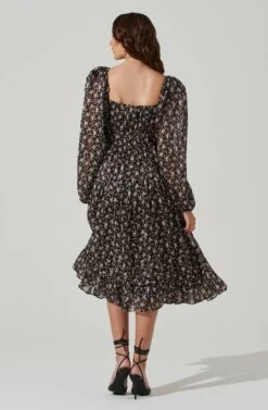 Floral Ruched Bust Long Sleeve Midi Dress -Dresses Sales Store ADR101435 BLACKTAUPEDITSY 6