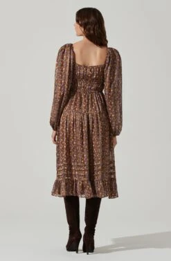 Floral Ruched Bust Long Sleeve Midi Dress -Dresses Sales Store ADR101435 BROWNPINKDITSY 5