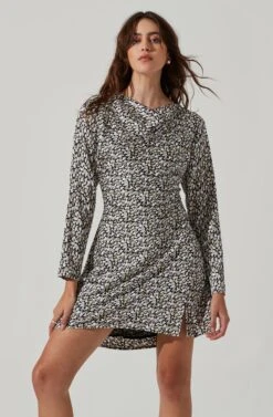 Cowl Neck Long Sleeve Mini Dress -Dresses Sales Store ADR101455 BLACKSAGEMULTI 3