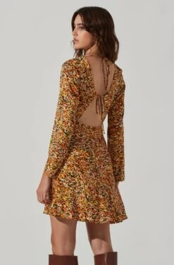 Cowl Neck Long Sleeve Mini Dress -Dresses Sales Store ADR101455 GOLDBLACKMULTI 4