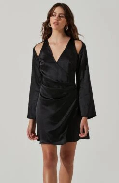 Shoulder Cutout Long Sleeve Satin Mini Dress -Dresses Sales Store ADR101462 BLACK 4