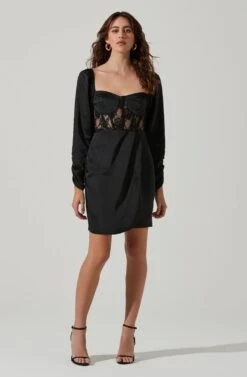 Lace Bustier Long Sleeve Mini Dress -Dresses Sales Store ADR101487 BLACK 1