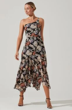 Emmylou Floral One Shoulder Midi Dress -Dresses Sales Store ADR101528 BLACKFLORAL 1