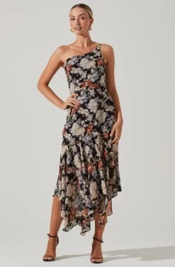 Emmylou Floral One Shoulder Midi Dress -Dresses Sales Store ADR101528 BLACKFLORAL 2