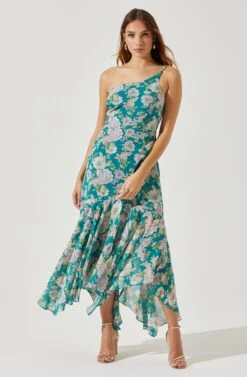 Emmylou Floral One Shoulder Midi Dress -Dresses Sales Store ADR101528 GREENPURPLEFLORAL 2