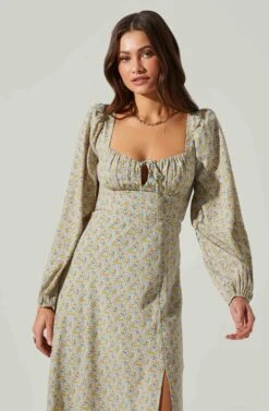 Floral Long Sleeve Back Cut Out Midi Dress -Dresses Sales Store ADR101532 BLUEYELLOWDITSY 3