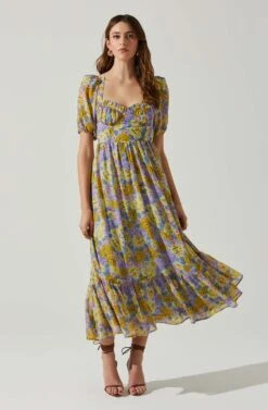 Floral Sweetheart Neck Midi Dress -Dresses Sales Store ADR101552 GOLDPURPLEFLORAL 1