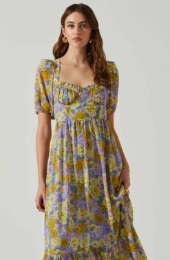 Floral Sweetheart Neck Midi Dress -Dresses Sales Store ADR101552 GOLDPURPLEFLORAL 3