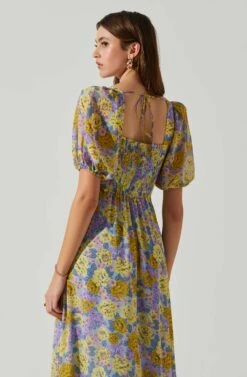 Floral Sweetheart Neck Midi Dress -Dresses Sales Store ADR101552 GOLDPURPLEFLORAL 5