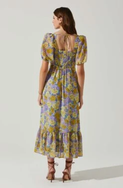 Floral Sweetheart Neck Midi Dress -Dresses Sales Store ADR101552 GOLDPURPLEFLORAL 6