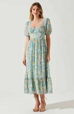 Floral Sweetheart Neck Midi Dress -Dresses Sales Store ADR101552 GREENBLUEFLORAL 1