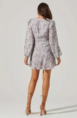 Floral Long Sleeve Side Tie V Neck Mini Dress -Dresses Sales Store ADR101612 PURPLEMULTIFLORAL 6