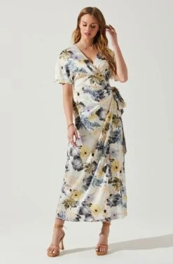 Floral Short Sleeve Wrap Front Maxi Dress -Dresses Sales Store ADR101628 CHARCOALTAUPEFL 2