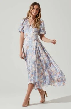 Satin Floral Bubble Sleeve Wrap Midi Dress -Dresses Sales Store ADR101664 BLUEMULTIFLORAL 1