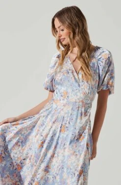 Satin Floral Bubble Sleeve Wrap Midi Dress -Dresses Sales Store ADR101664 BLUEMULTIFLORAL 3
