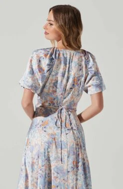 Satin Floral Bubble Sleeve Wrap Midi Dress -Dresses Sales Store ADR101664 BLUEMULTIFLORAL 5