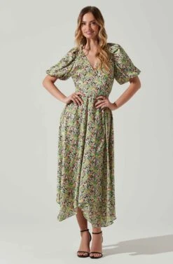 Satin Floral Bubble Sleeve Wrap Midi Dress -Dresses Sales Store ADR101664 PINKGREENMULTI 1