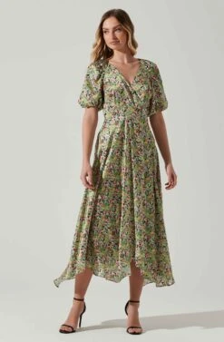 Satin Floral Bubble Sleeve Wrap Midi Dress -Dresses Sales Store ADR101664 PINKGREENMULTI 2