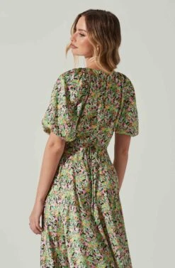 Satin Floral Bubble Sleeve Wrap Midi Dress -Dresses Sales Store ADR101664 PINKGREENMULTI 5