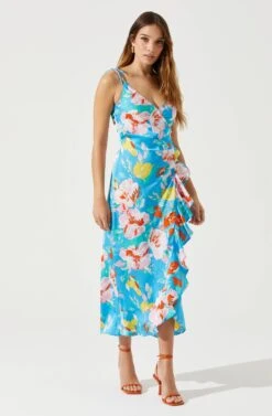 Satin Front Tie Wrap Floral Midi Dress -Dresses Sales Store ADR101683 CAPRIBLUEFLORAL 2