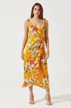 Satin Front Tie Wrap Floral Midi Dress -Dresses Sales Store ADR101683 YELLOWFLORAL 1
