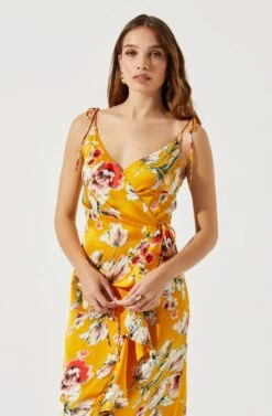 Satin Front Tie Wrap Floral Midi Dress -Dresses Sales Store ADR101683 YELLOWFLORAL 3
