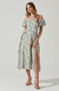 Off Shoulder Puff Sleeve Midi Dress -Dresses Sales Store ADR101706 PURPLEMULTIFLORAL 2