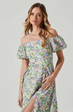 Off Shoulder Puff Sleeve Midi Dress -Dresses Sales Store ADR101706 PURPLEMULTIFLORAL 4
