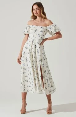 Off Shoulder Puff Sleeve Midi Dress -Dresses Sales Store ADR101706 WHITEBLUEFLORAL 1
