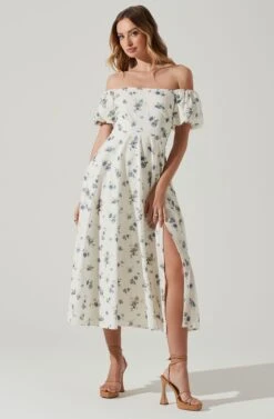 Off Shoulder Puff Sleeve Midi Dress -Dresses Sales Store ADR101706 WHITEBLUEFLORAL 2