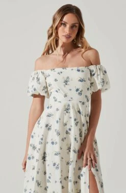 Off Shoulder Puff Sleeve Midi Dress -Dresses Sales Store ADR101706 WHITEBLUEFLORAL 3